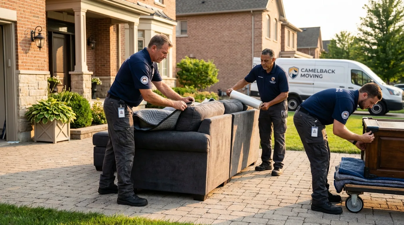 Large estate moving crew wrapping furniture in Garland, ME