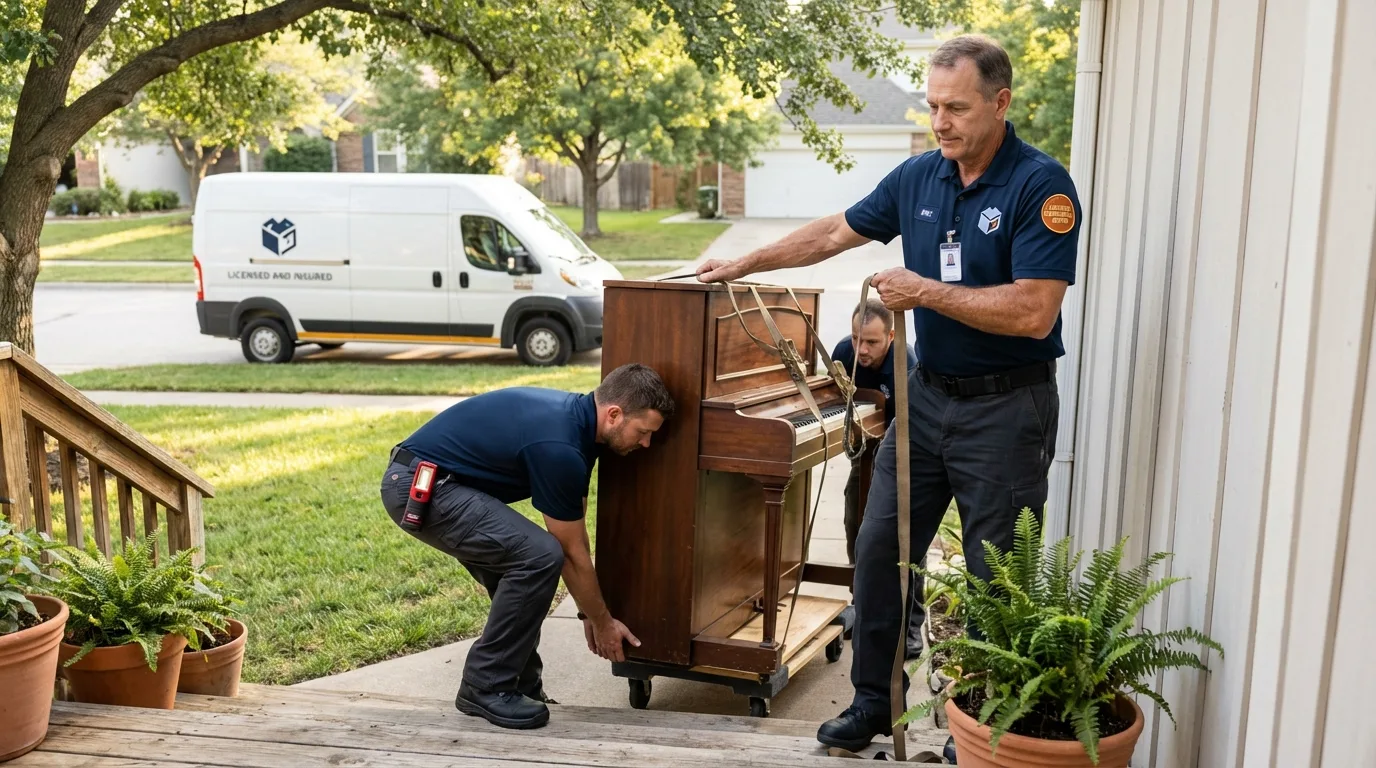 Licensed piano movers securing grand piano in Garland, ME