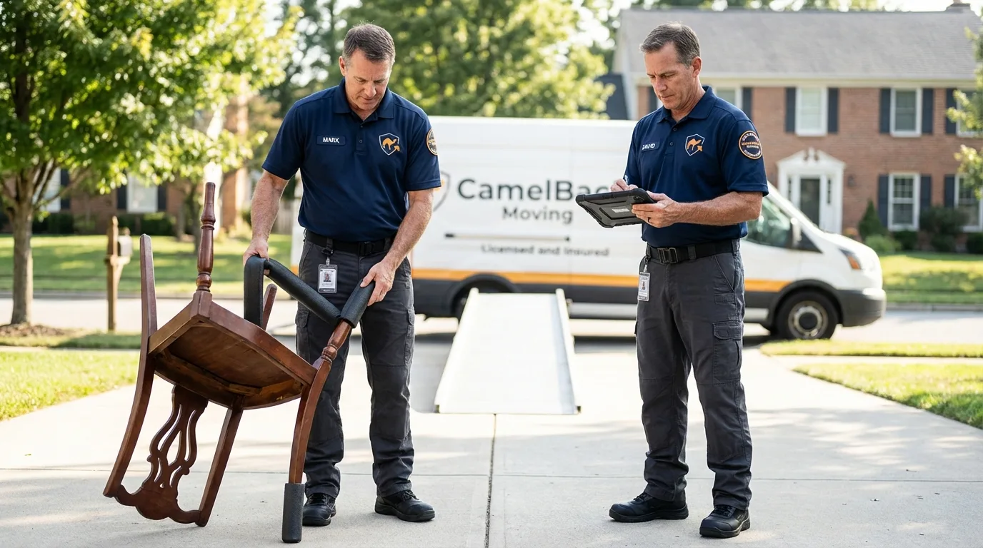 Movers inspecting furniture for damage prevention before loading in Garland, ME