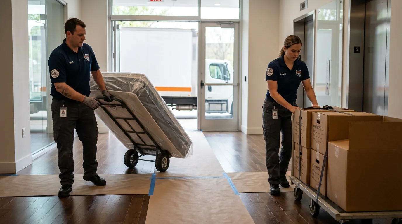 Professional apartment movers loading elevator in Garland, ME