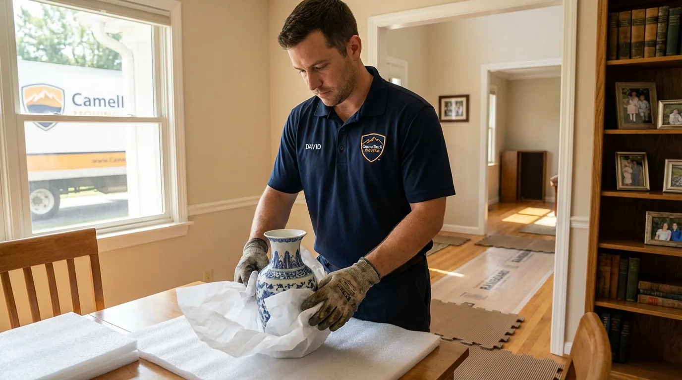 Professional crew carefully wrapping antique vase for senior downsizing move in Garland, ME